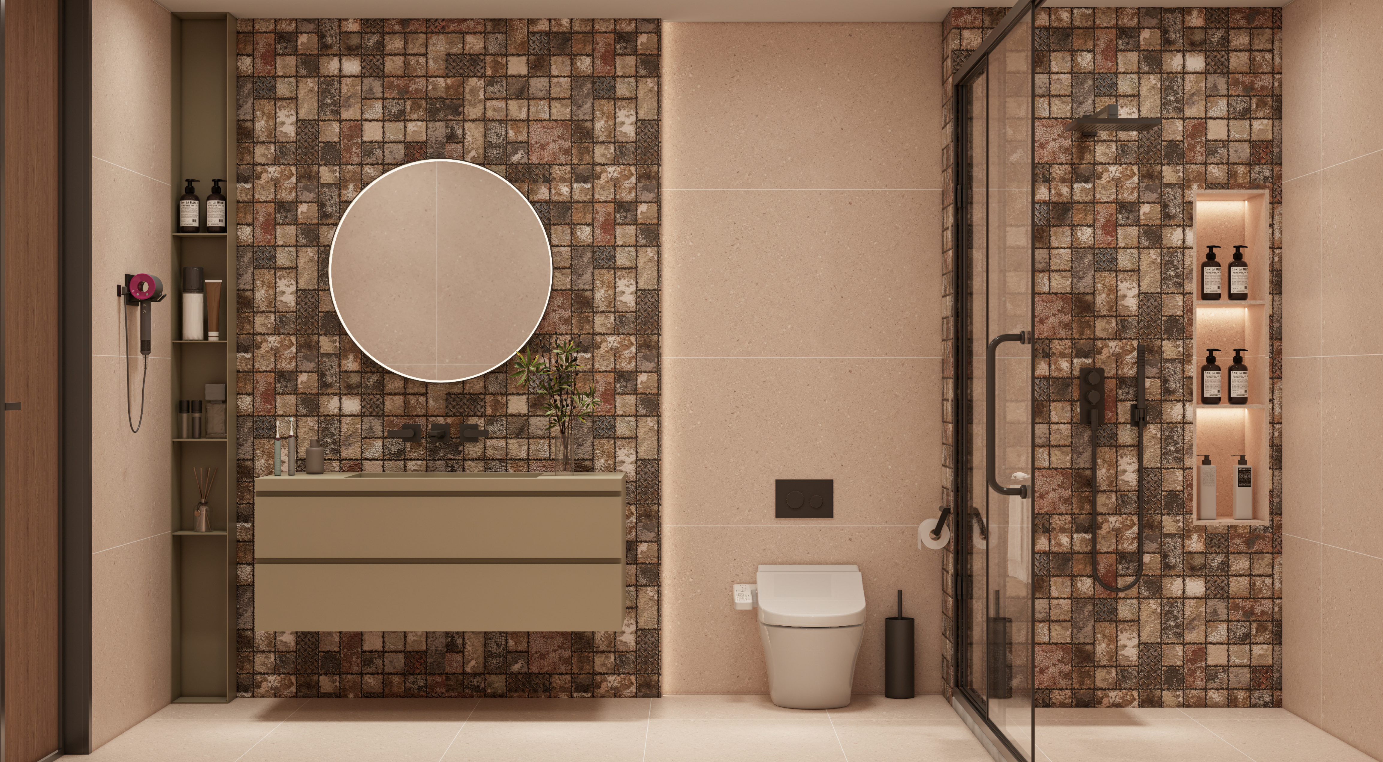 Rustic Mosaic Highlighter Tiles in an Earthy Bathroom Design | Material Depot