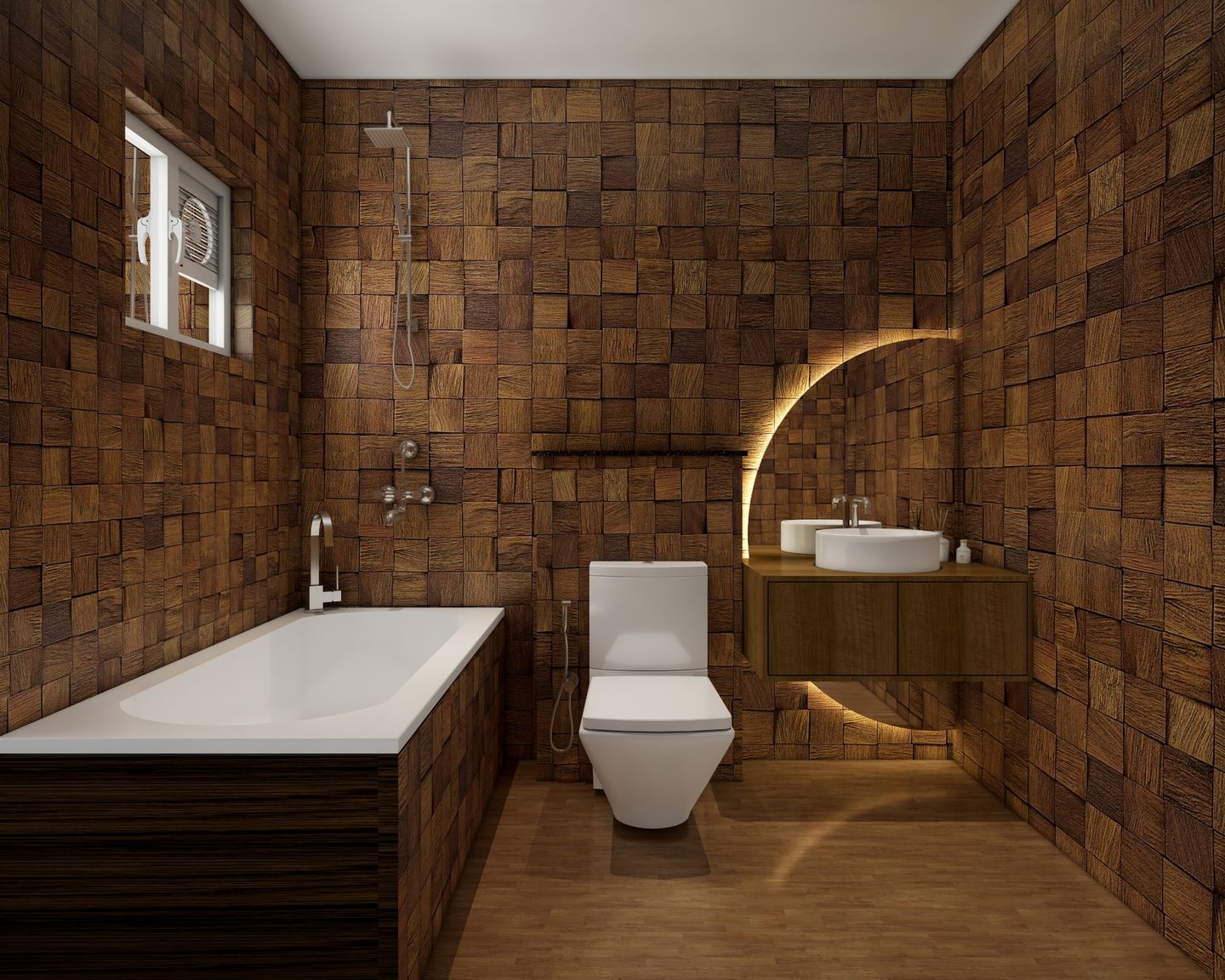 Spacious bathroom with rustic wood finish, semicircular mirror, white basin, and tub, offering a serene and inviting retreat.