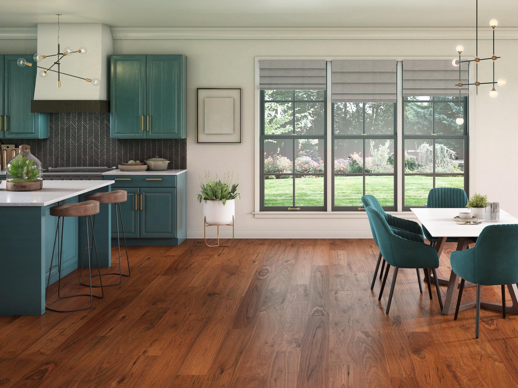 Cyan Kitchen module with large window and wooden floor