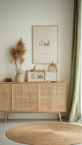 Scandinavian Entryway with Cane Cabinet and Neutral Boho Accents | Material Depot