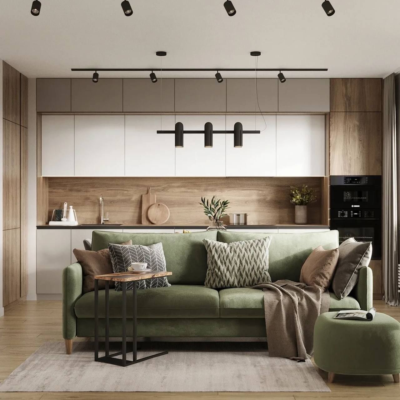 Scandinavian Living Room with Natural Wood and Olive Green Accents | Material Depot