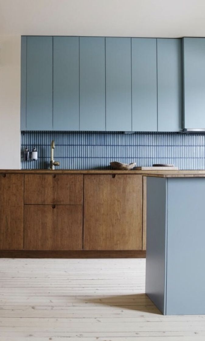 Scandinavian Simplicity: Sleek Kitchen with Wooden and Blue Accents | Material Depot