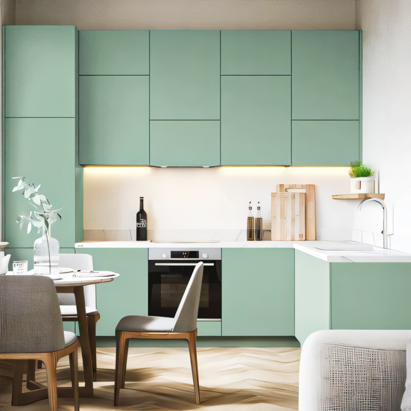 Scandinavian Style Kitchen with Mint Green Cabinetry | Material Depot