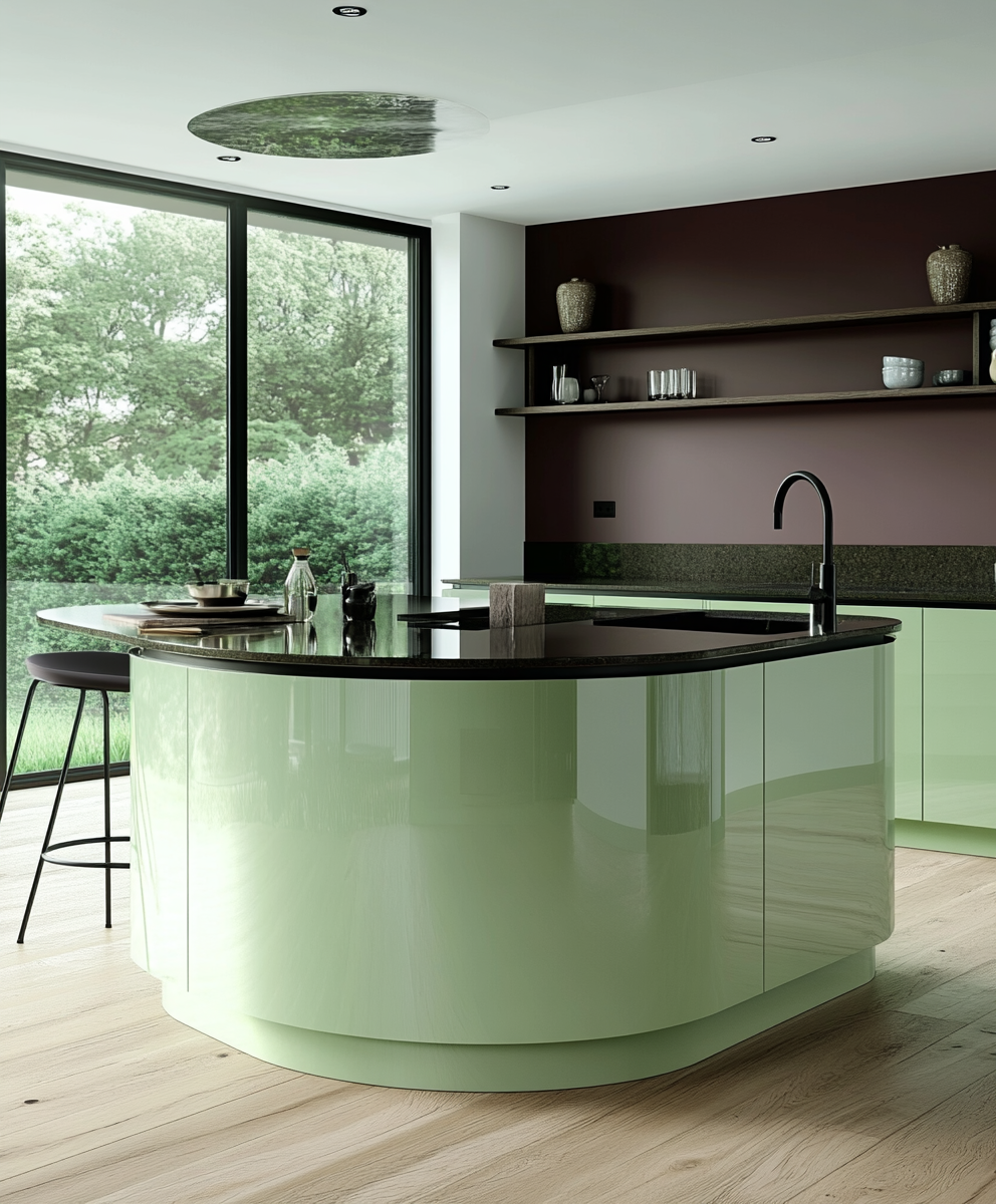 Scenic Curved Kitchen with Deep Burgundy and Fresh Green Tones | Material Depot