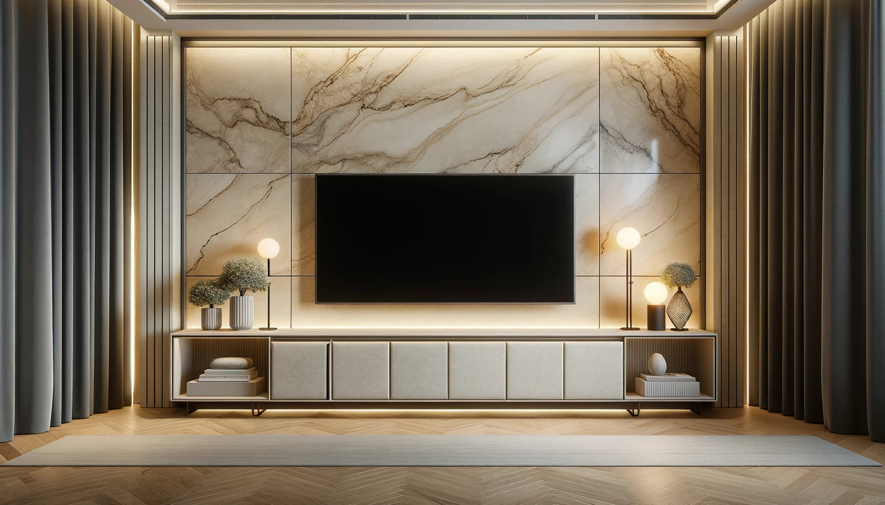 Sculptural Elegance in a Modern Entertainment Space with Ambient Warmth | Material Depot