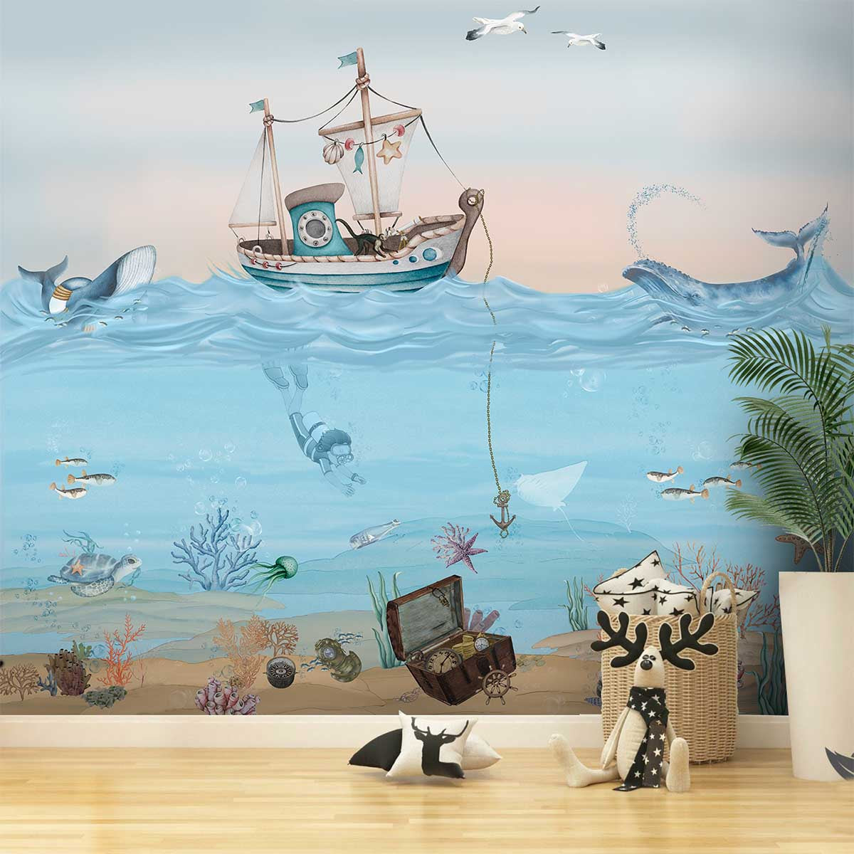 A close-up of a The Sea Voyage, Kids Room Wallpaper, Customised Sparkla N Shine Series Entertainment Design (Customised Size Wallpaper) with a finish available at Material Depot in Bangalore