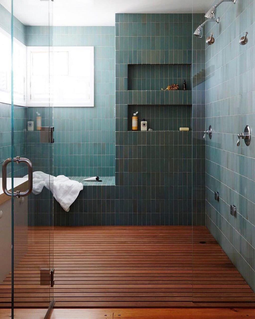 Serene Bathroom Oasis with Aqua-Toned Tiles and Warm Wooden Accents | Material Depot