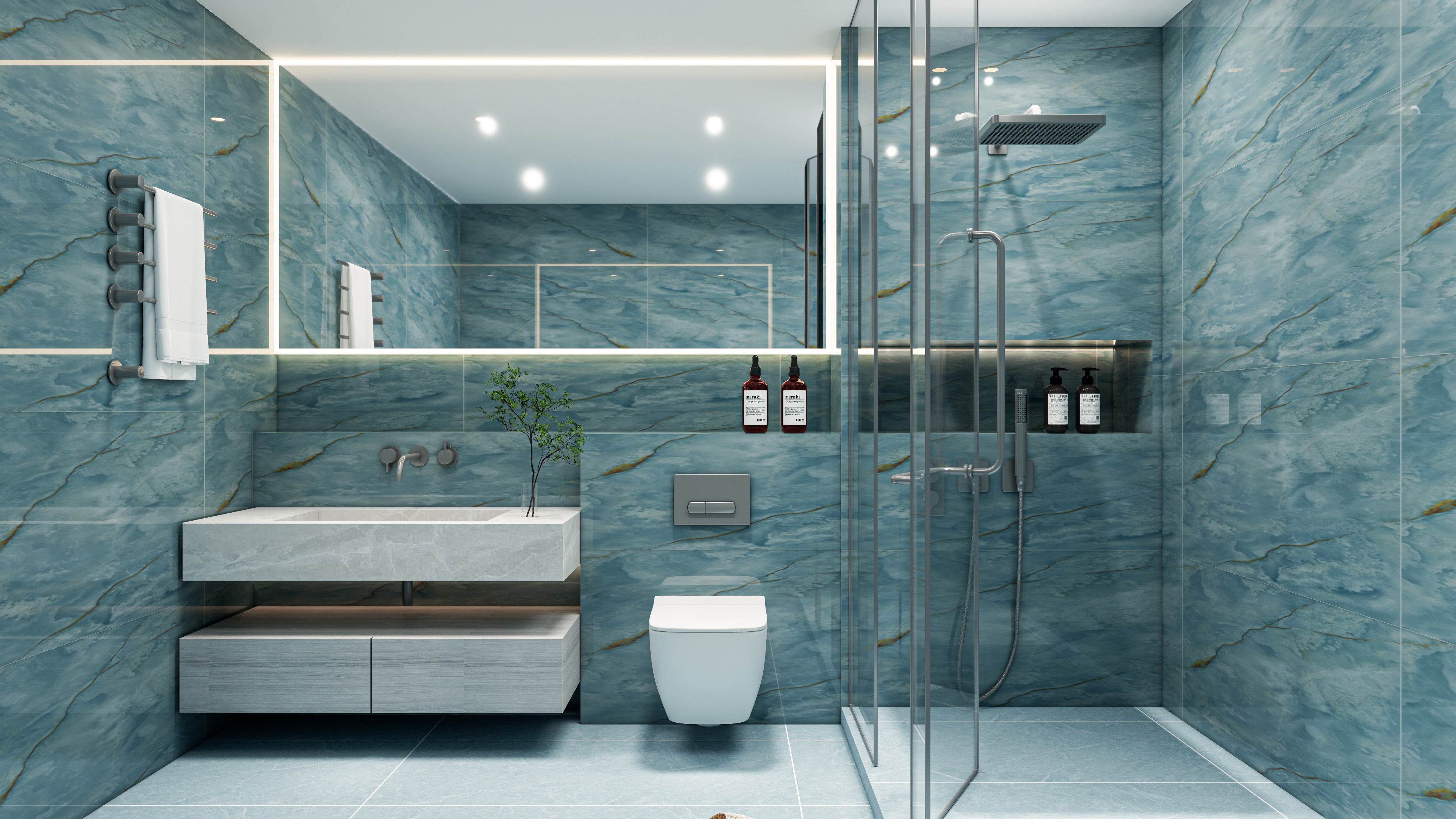 Serene Bathroom with Blue Marble-Look Tiles | Material Depot