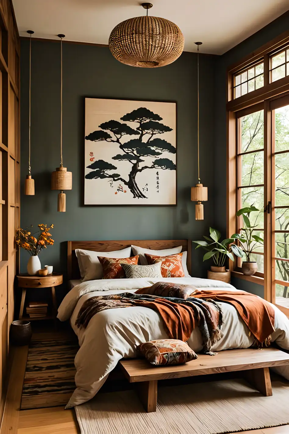 Serene Bedroom With Wooden Furniture And Woven Pendant Lights | Material Depot