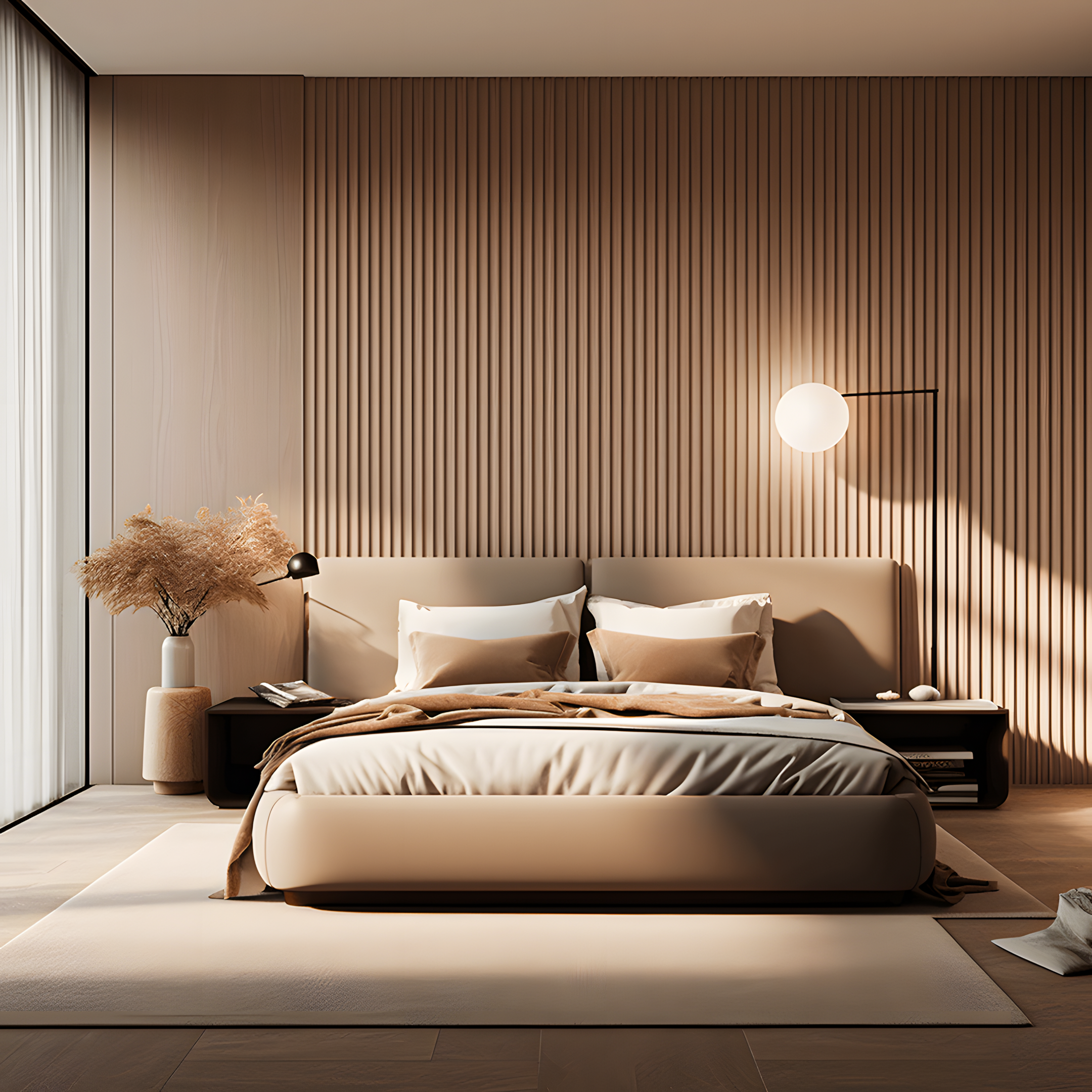 Serene Bedroom with Wood-Paneled Accent Wall and Natural Light | Material Depot