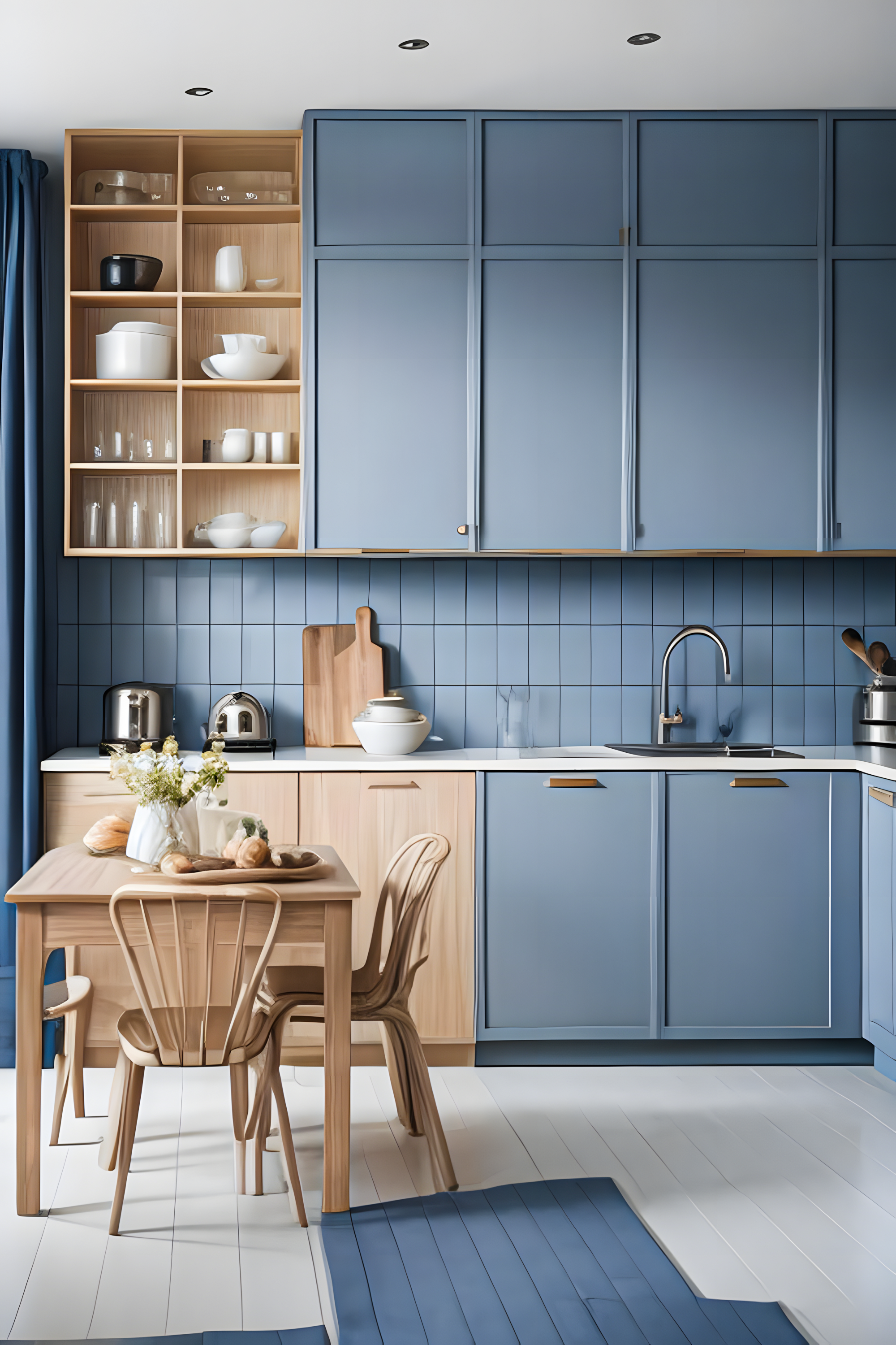 Serene Blue Kitchen with Warm Wood Accents and blue Subway Tiles | Material Depot