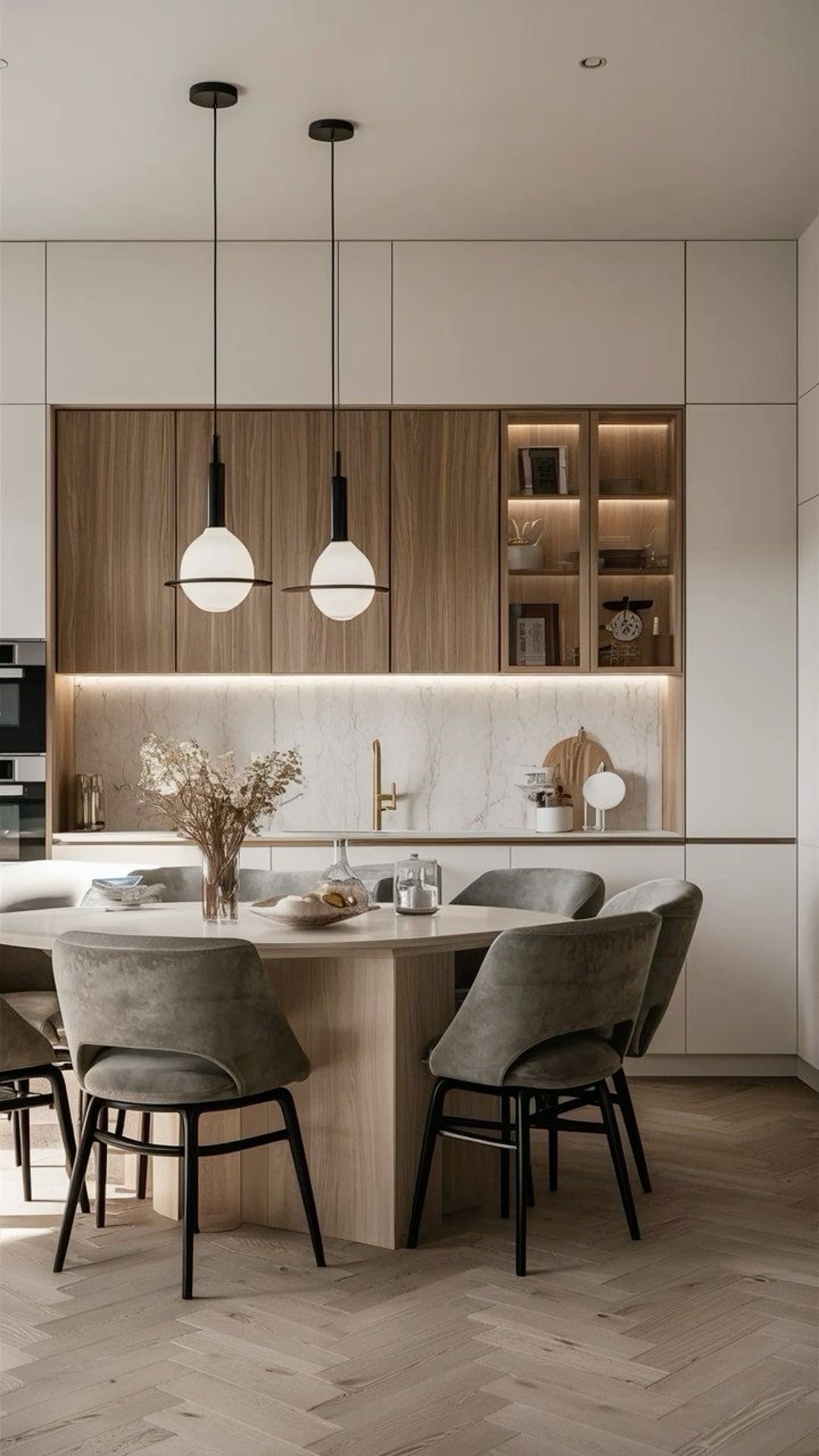 Serene Dining Area with Wood Accents and Herringbone Flooring | Material Depot