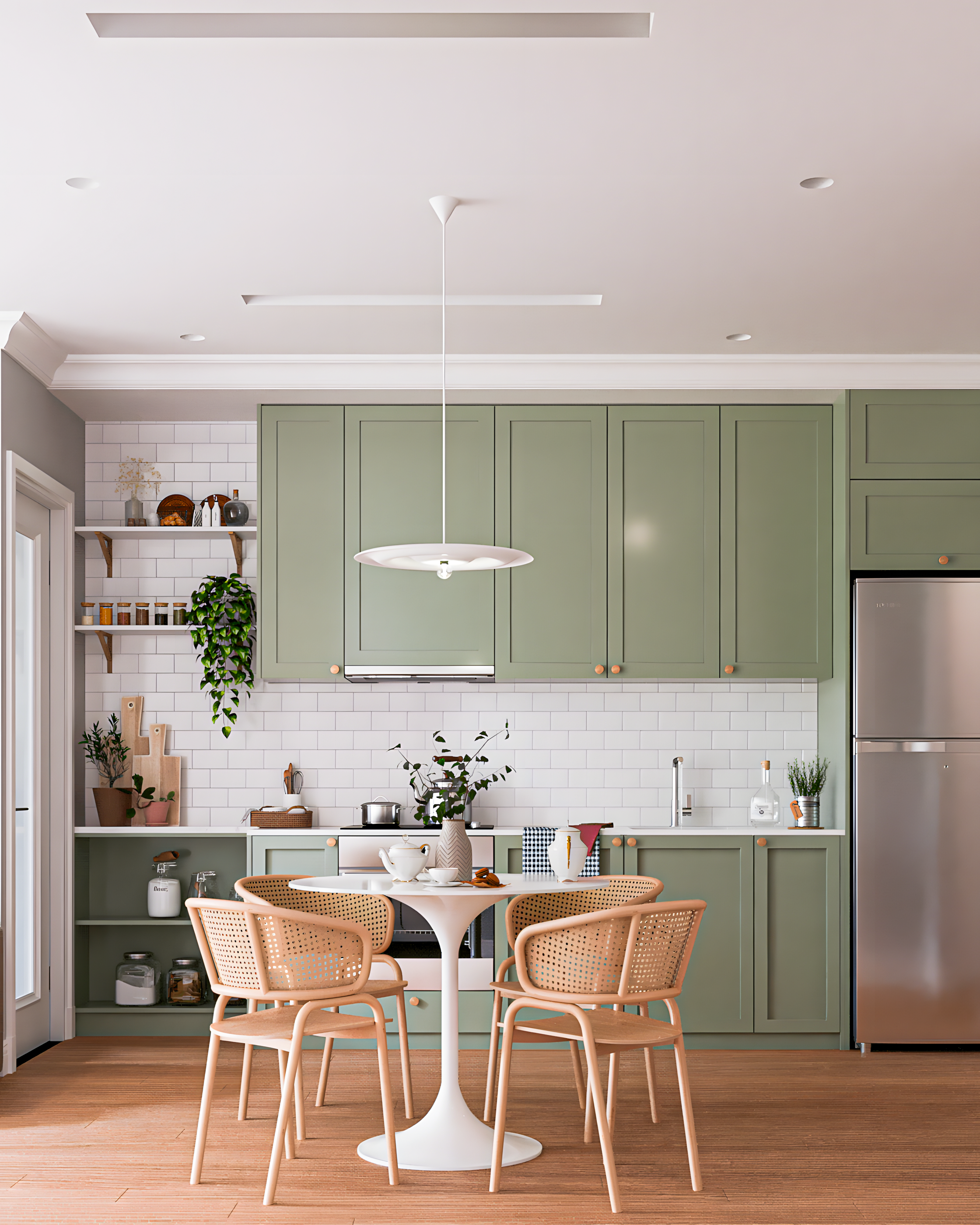 Serene Green Kitchen with Farmhouse Charm White Subway Tiles | Material Depot