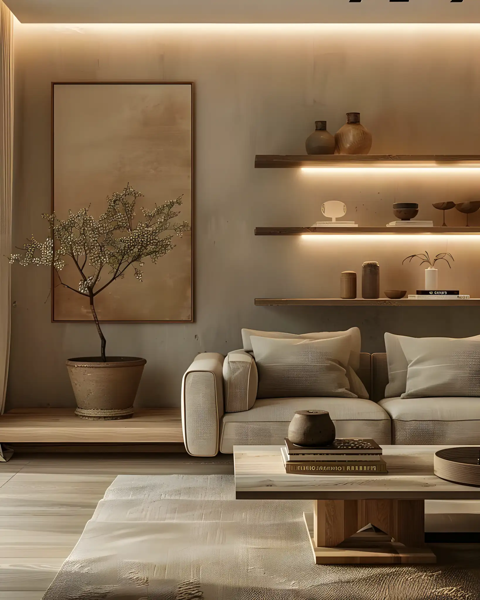 Serene Living Space with Earthy Tones and Ambient Lighting | Material Depot