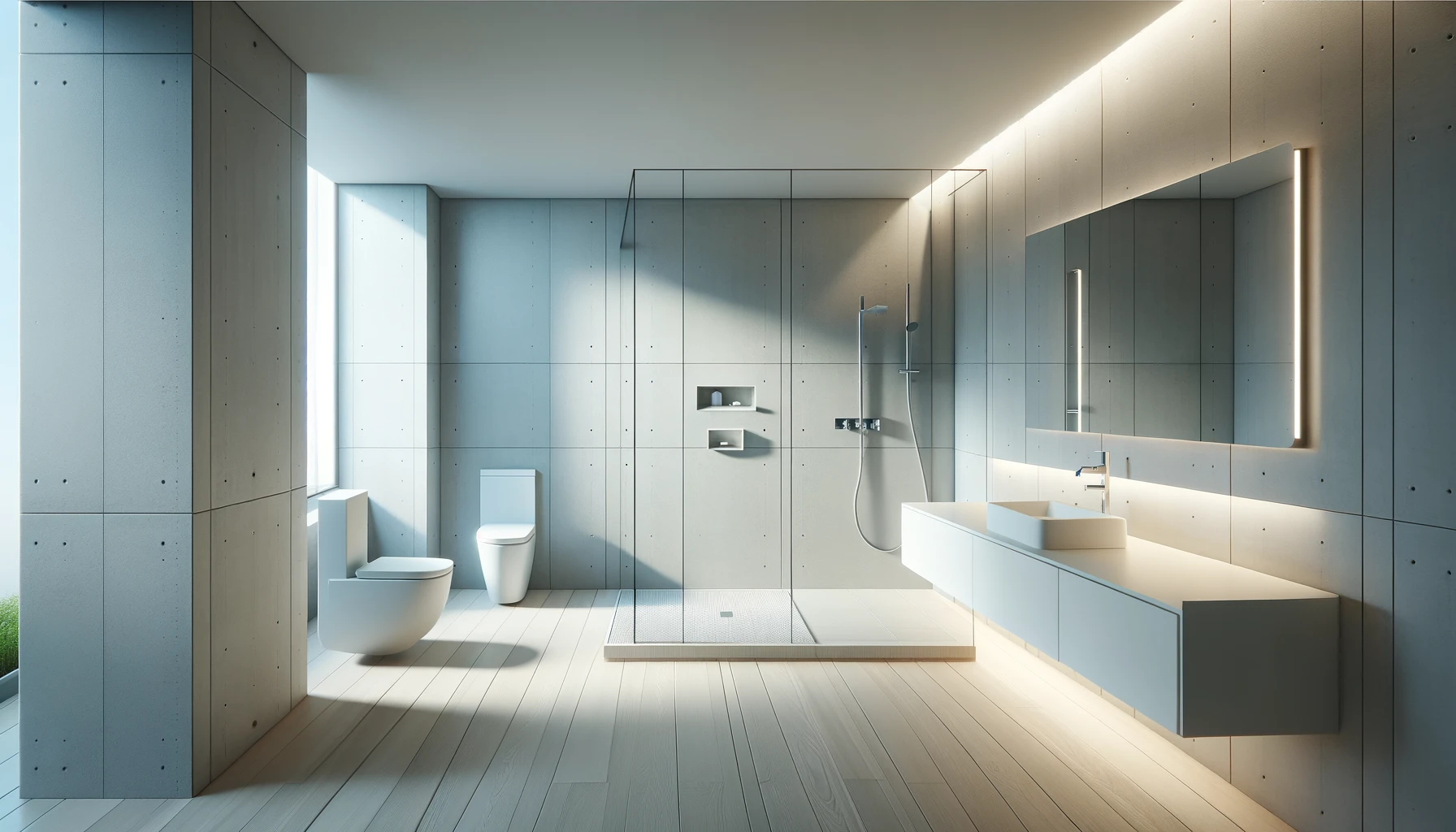 Serene Minimalist Bathroom with Concrete and Wood Textural Laminates | Material Depot