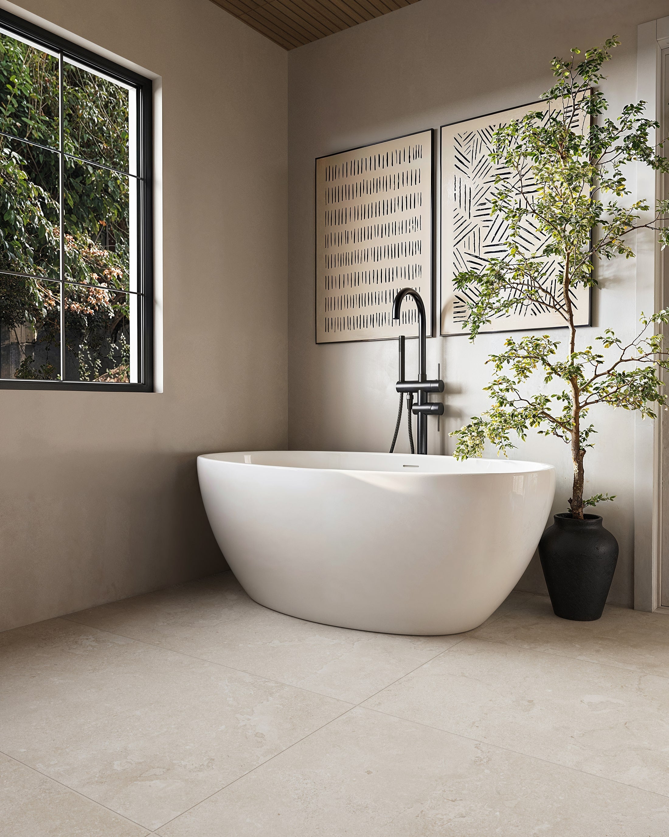 Serene Modern Bathroom with Freestanding Tub and Beige Porcelain Tile Flooring | Material Depot