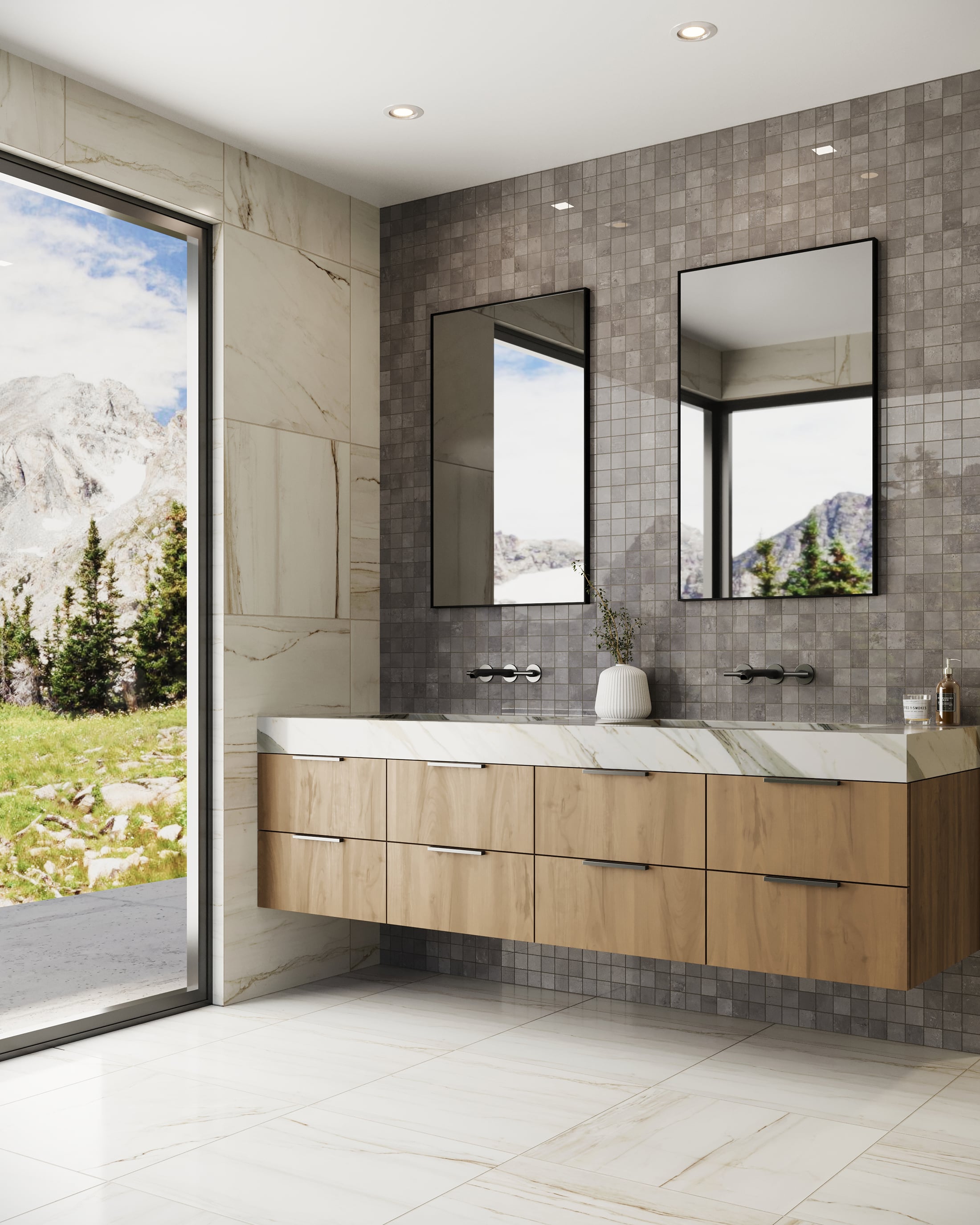 Serene Modern Bathroom with Grey and White Tile Mosaic Wall and Floating Vanity | Material Depot