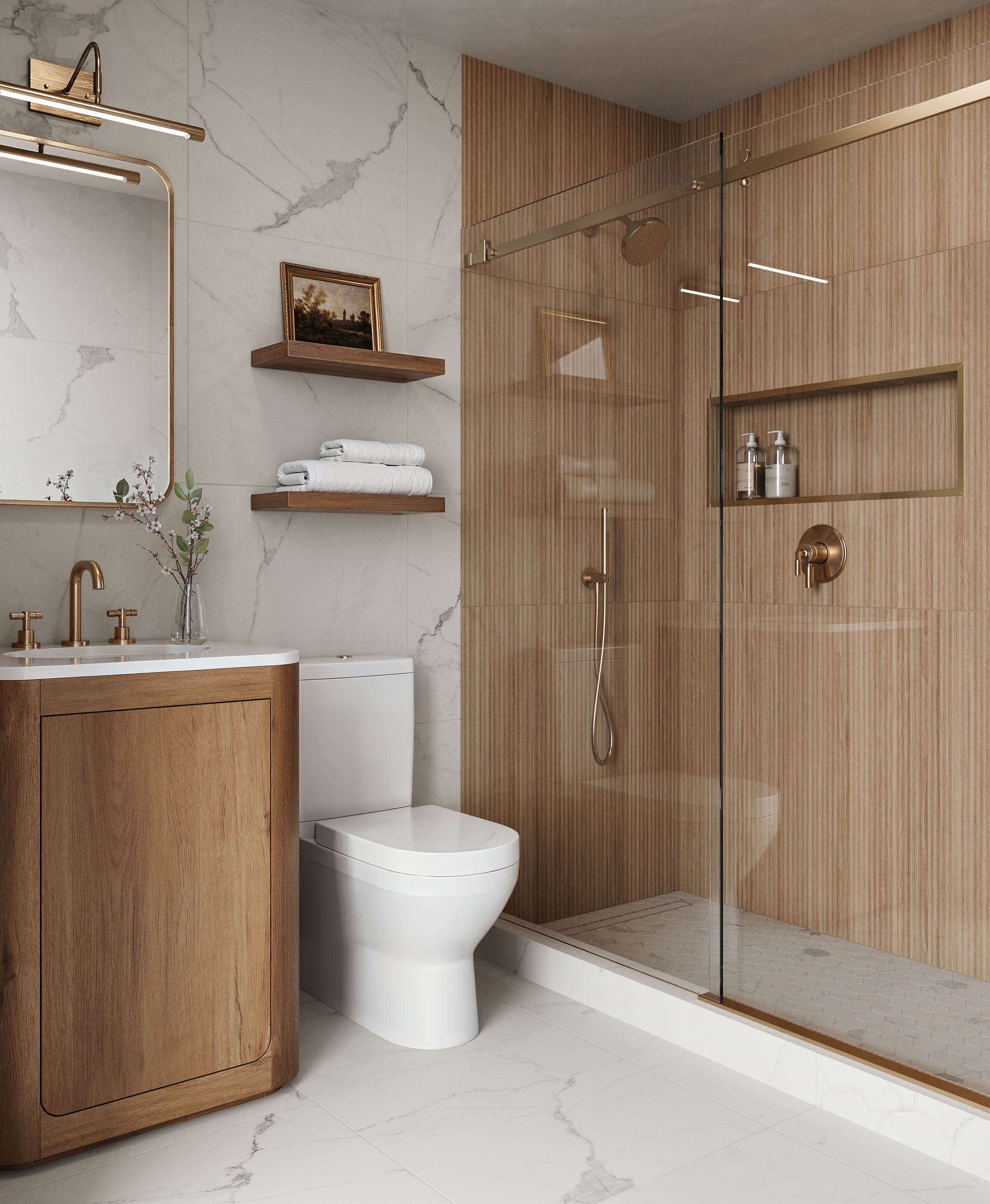 Serene Modern Bathroom with Marble and Wood Tile Walls, and Wood Vanity | Material Depot