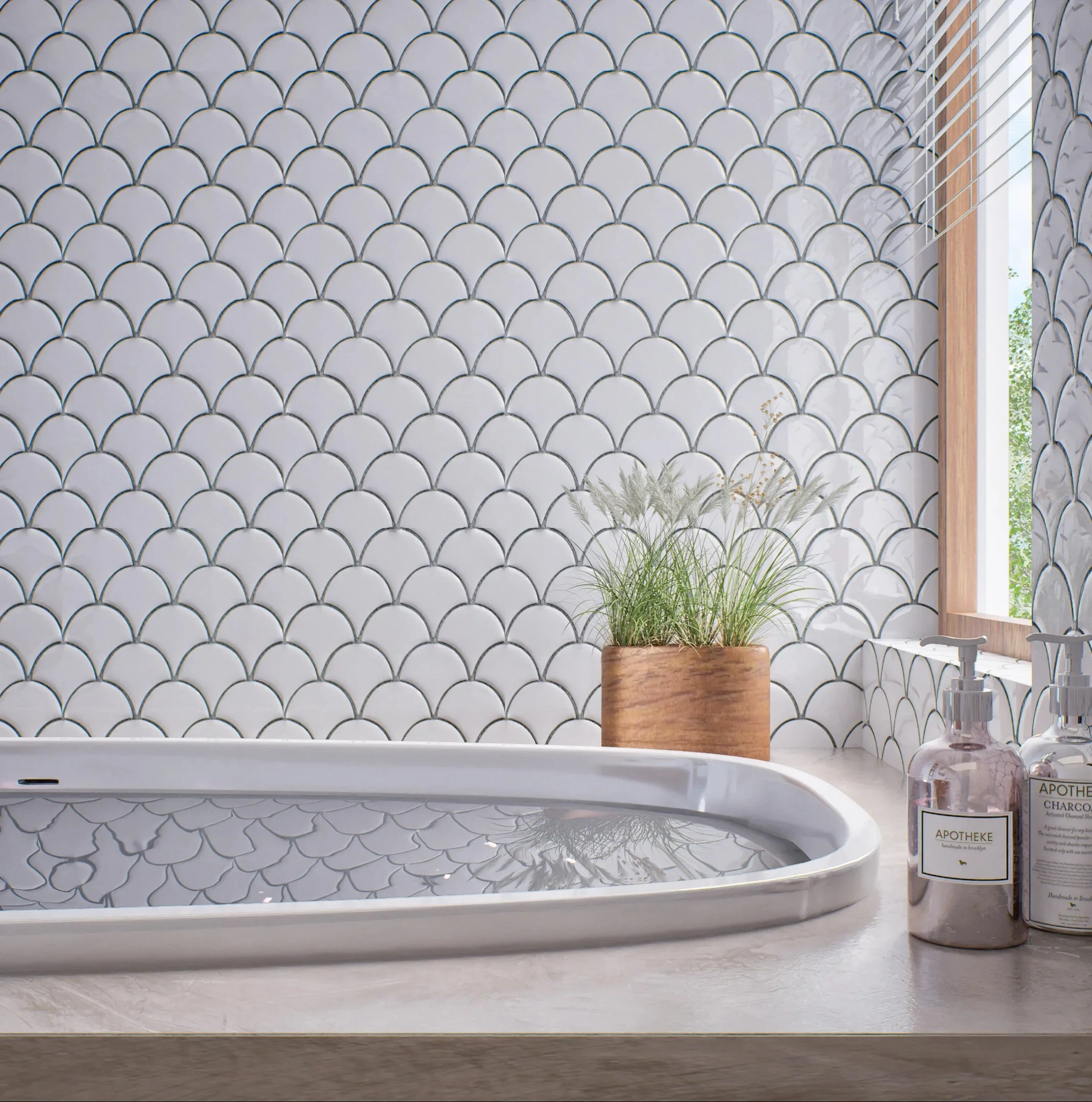 Serene White Fish Scale Tile Bathroom | Material Depot