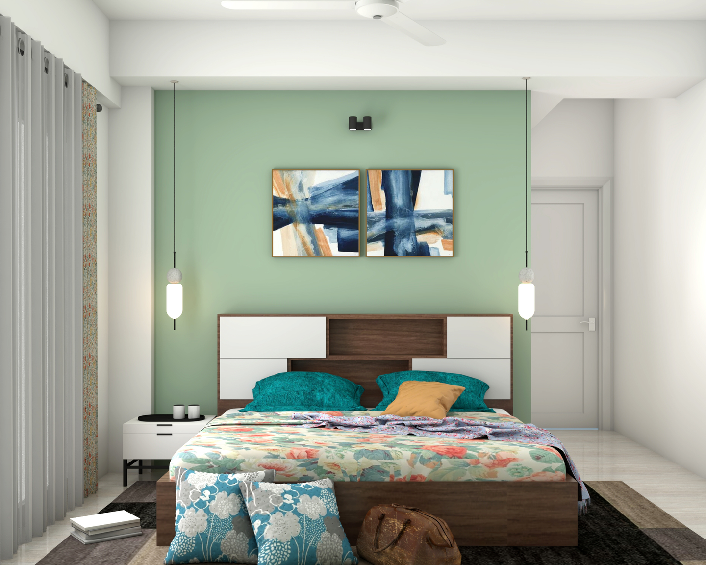 Serene Master Bedroom: Blue, Green Accents, Spacious Design