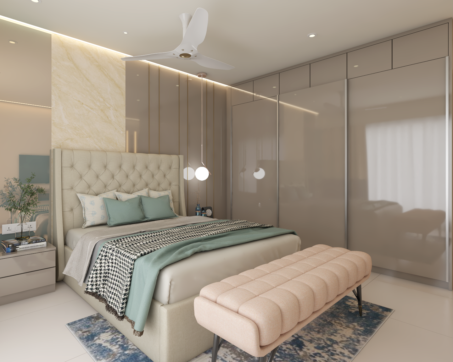 Modern master bedroom with serene tones, blue velvet accents, and chic design. A harmonious blend of simplicity and luxury.