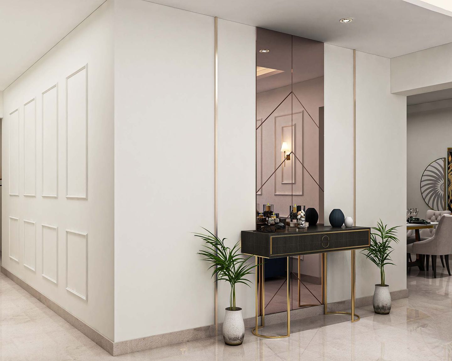 Foyer with white walls and marble tile flooring