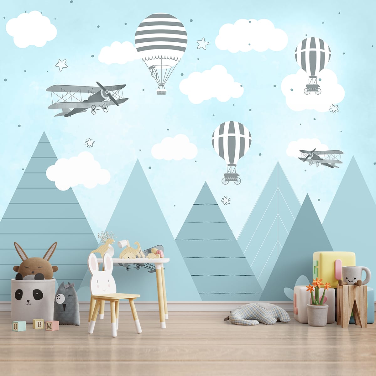 A close-up of a Gliders And Hot Air Balloons Wallpaper, Customised, Blue Sparkla N Shine Series Entertainment Design (Customised Size Wallpaper) with a finish available at Material Depot in Bangalore