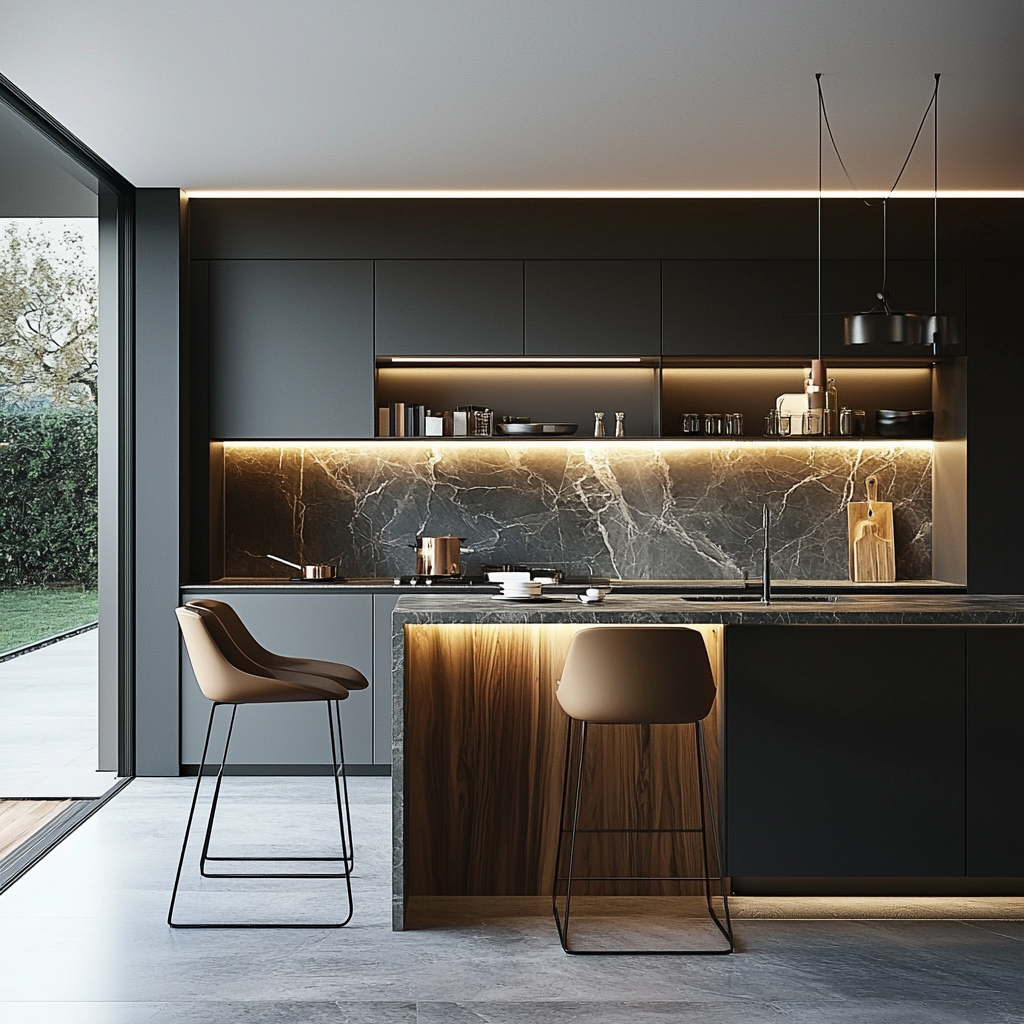 Sleek and Sophisticated Modern Kitchen with Dark Cabinetry, Marble Countertops, and Warm Wood Accents | Material Depot