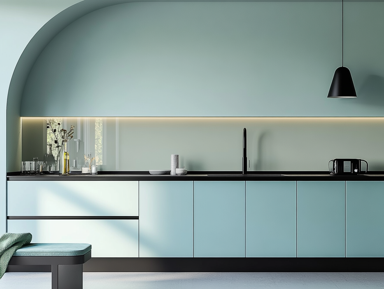 Sleek Aqua Kitchen with Contemporary Arch and Illuminated Backsplash | Material Depot