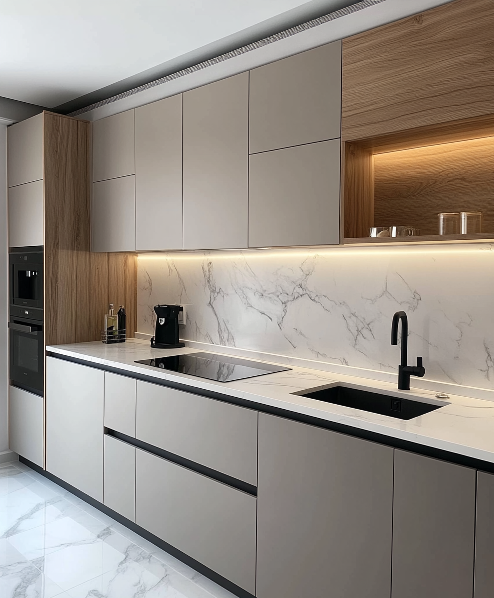 Sleek Beige and Walnut Kitchen with Marble Detailing | Material Depot