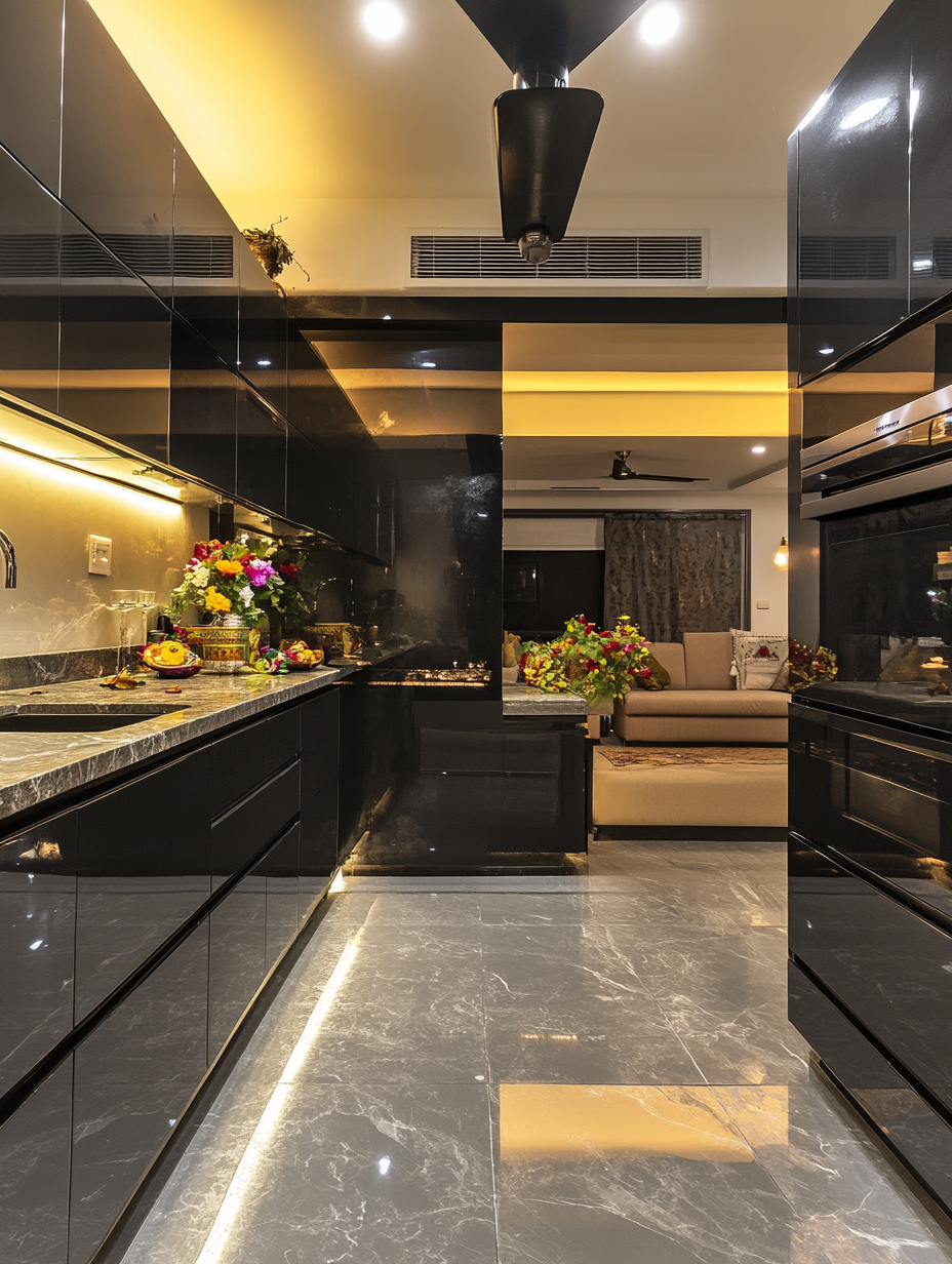 Sleek Black Kitchen with Reflective Laminates and Polished Marble Floors | Material Depot