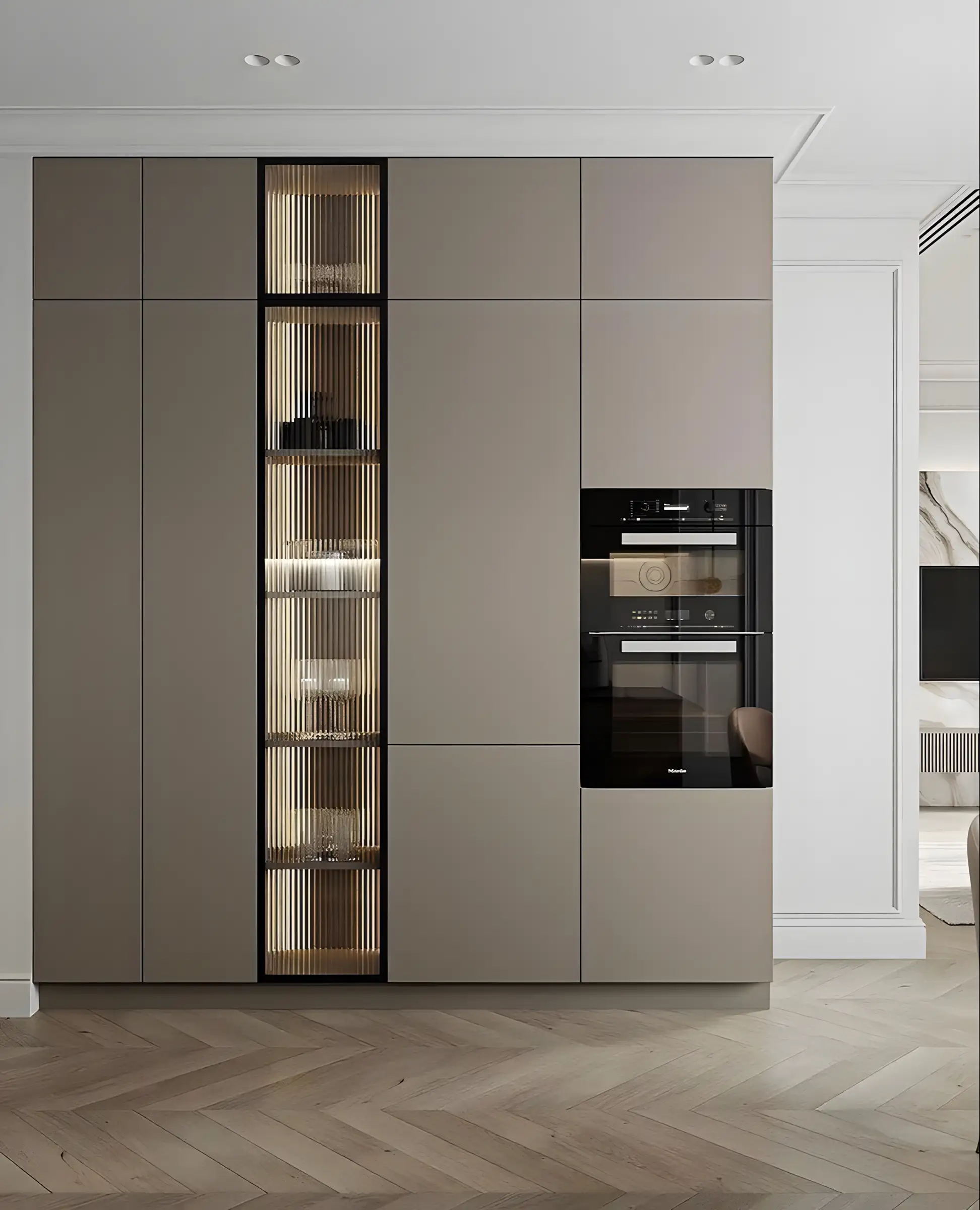 Sleek Built-in Kitchen Cabinet with Glass Display and Integrated Appliances | Material Depot