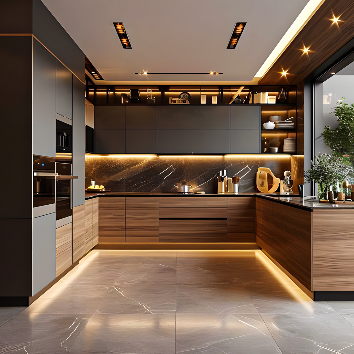 Sleek Contemporary Kitchen With Dramatic Lighting And Grey And Wood Accents | Material Depot