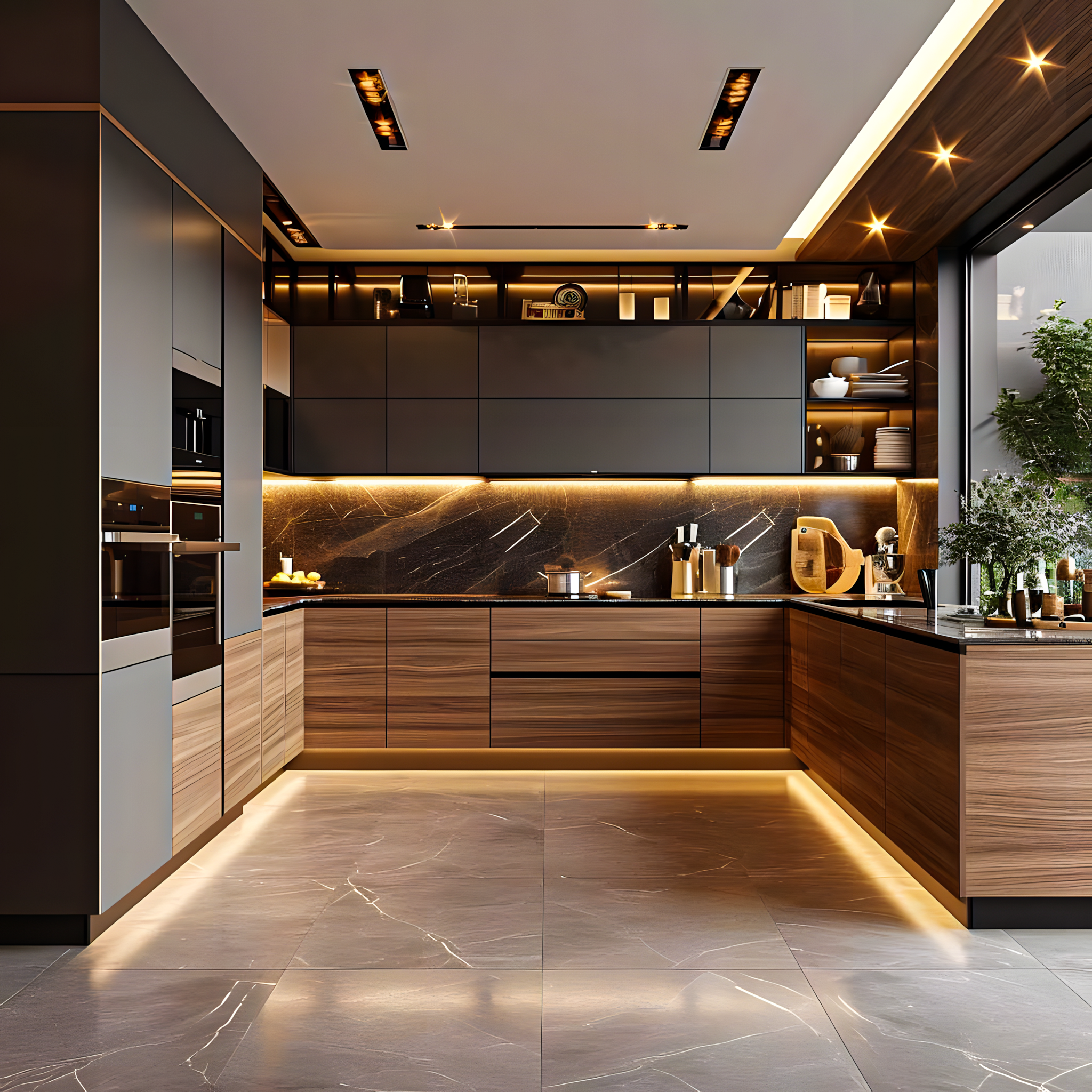 Sleek Contemporary Kitchen with Dramatic Lighting and Grey and Wood Accents | Material Depot