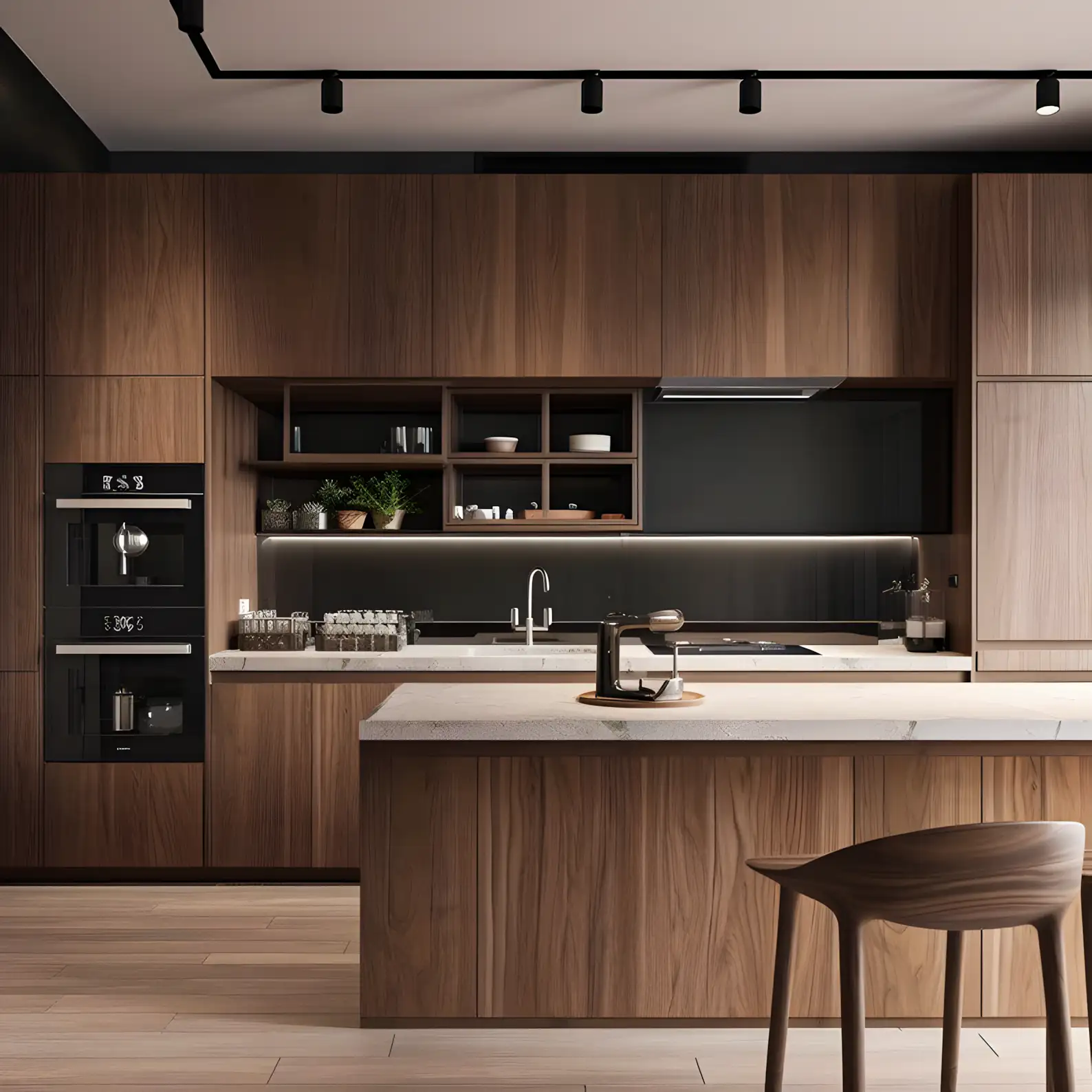 Sleek Contemporary Walnut Kitchen with Dark Accents | Material Depot