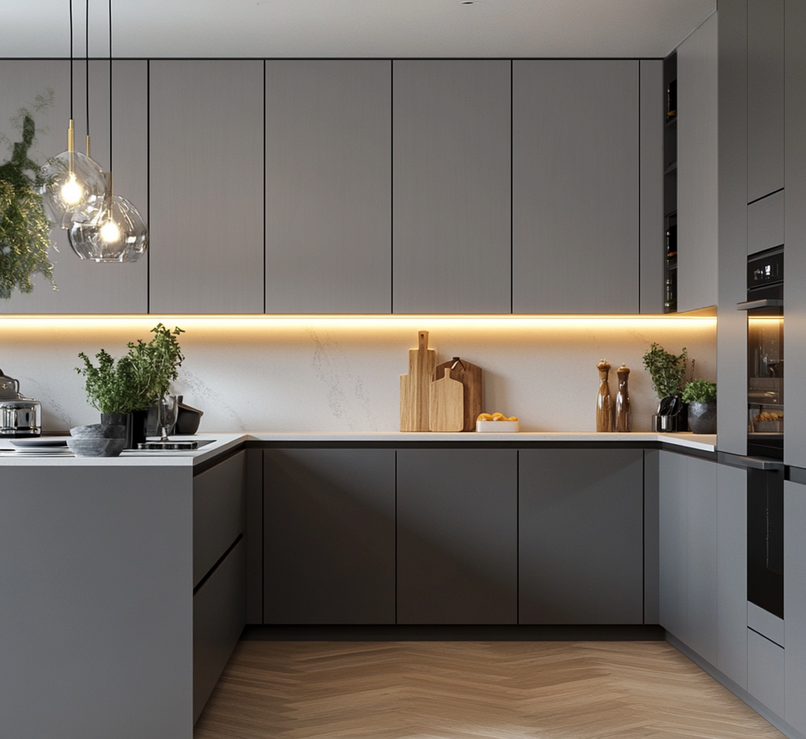 Sleek Dark Grey Matte Kitchen with Warm Underlit Cabinets | Material Depot