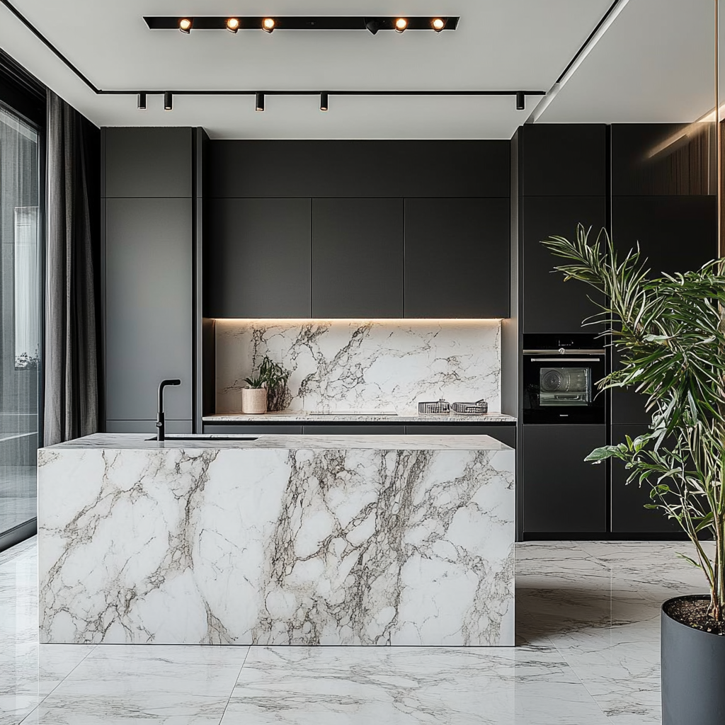 Sleek Elegance: Modern Monochrome Kitchen with Stunning Marble Island and Minimalist Design | Material Depot