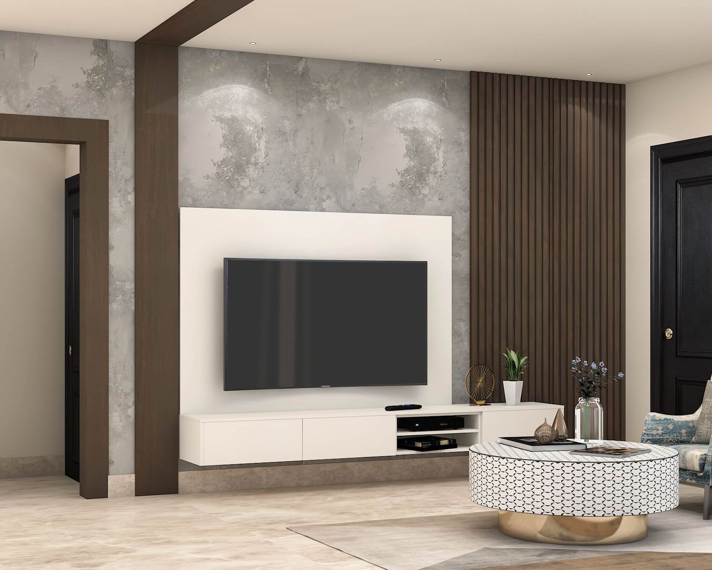 White wall-mounted TV stand blending seamlessly into a room with no visible hardware.