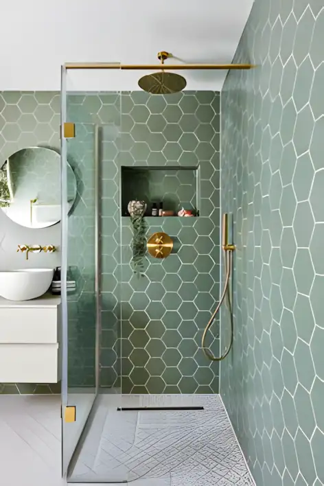 Sleek Green Hexagon-Tiled Shower with Gold Accents | Material Depot