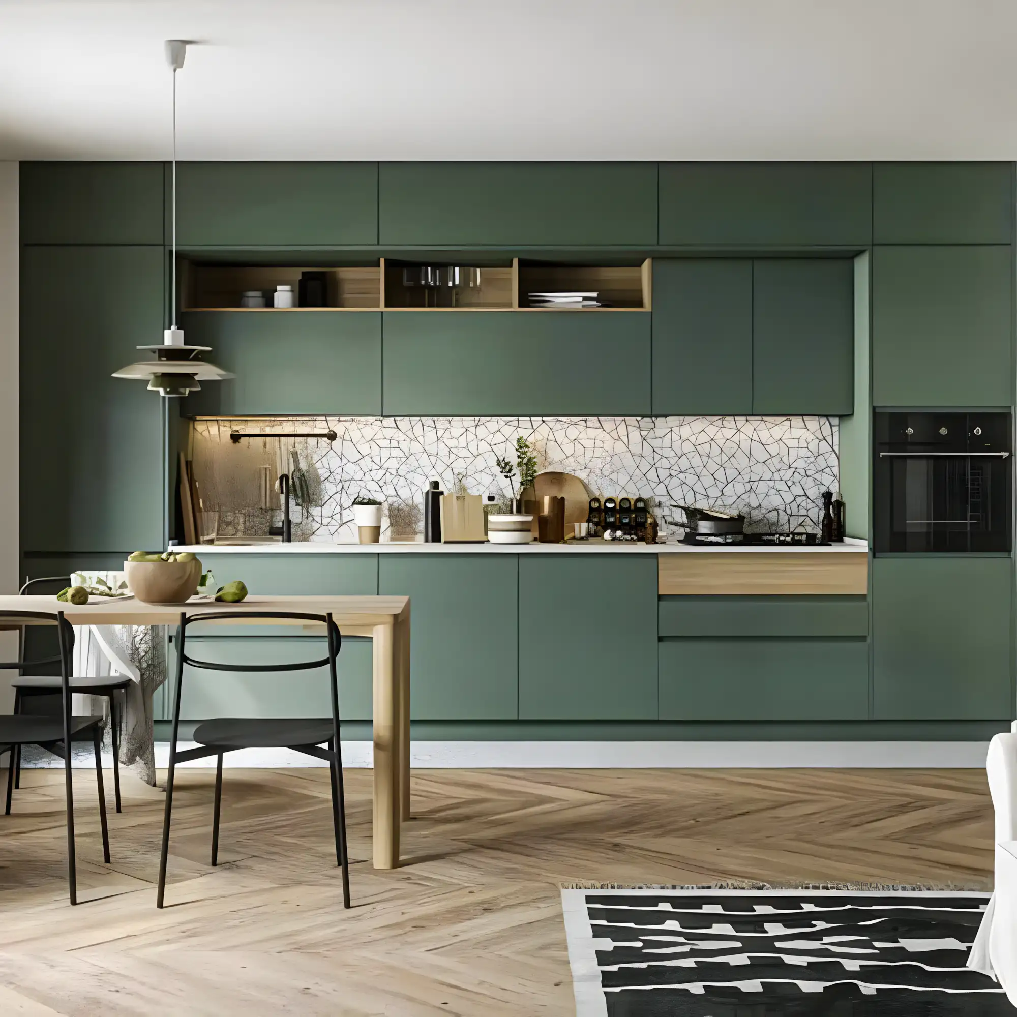 Sleek Green Kitchen with Geometric Backsplash | Material Depot