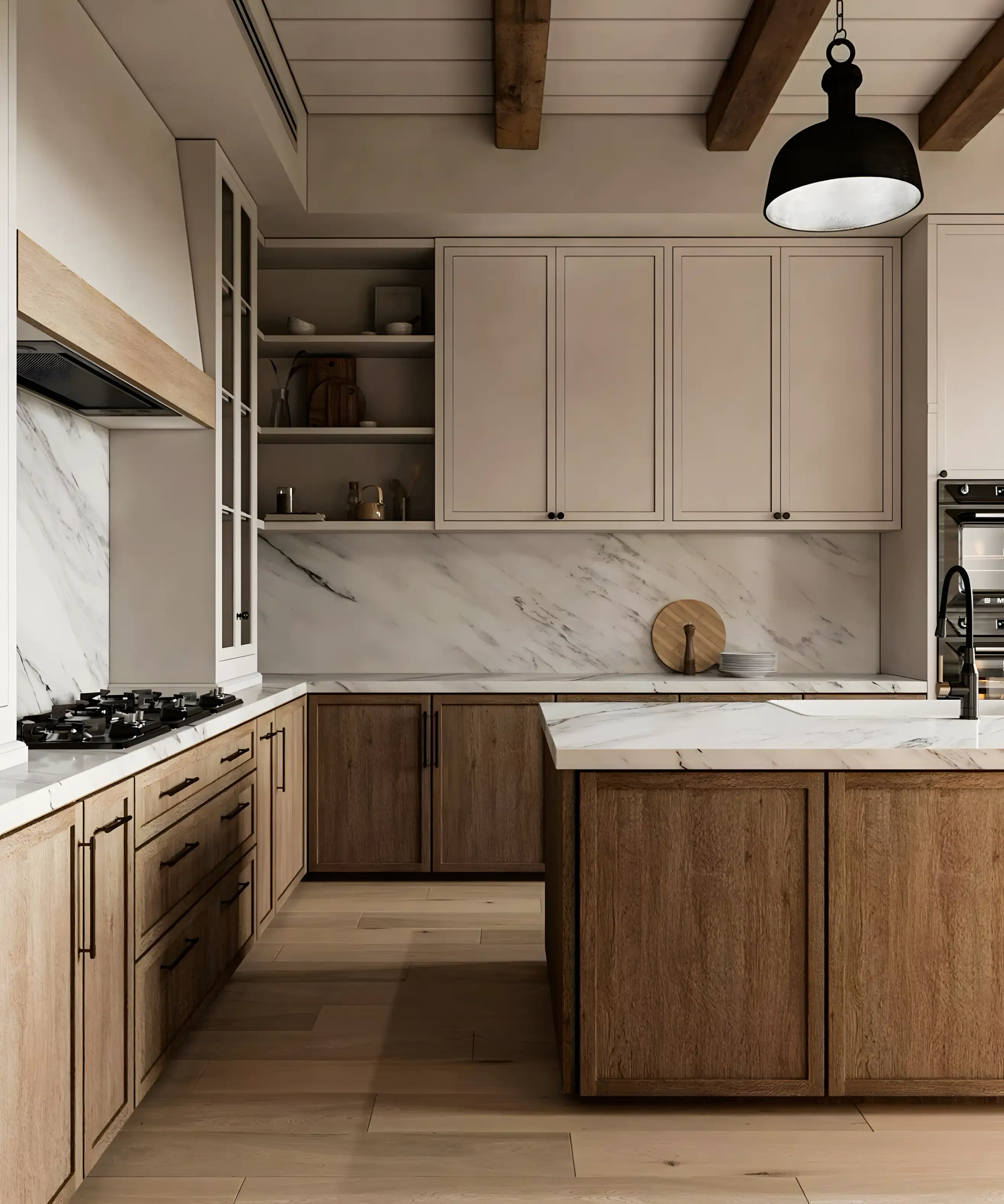 Sleek Kitchen Design With Beige And Wood Finish | Material Depot