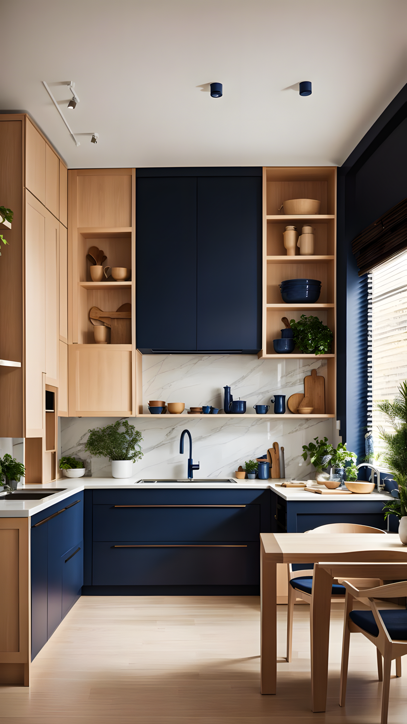 Sleek Kitchen With Blue Laminate And Wood Cabinets | Material Depot