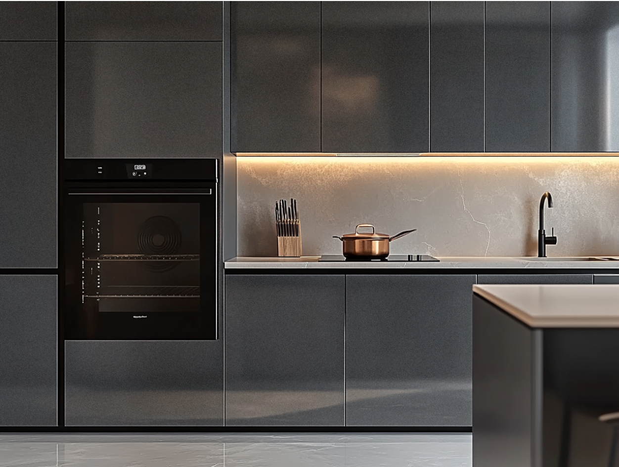 Sleek Modern Kitchen with High-Gloss Black Cabinets and Integrated Appliances | Material Depot