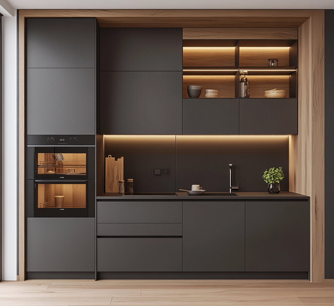 Sleek Modern Kitchen with Black Matte Cabinets and Wooden Accents | Material Depot