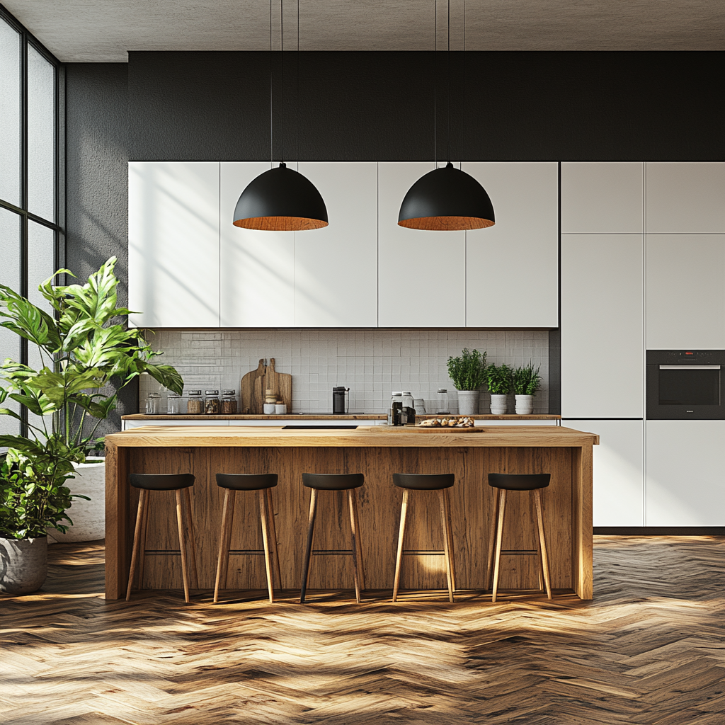 Sleek Modern Kitchen with Black and White Contrast and Wood Accents | Material Depot