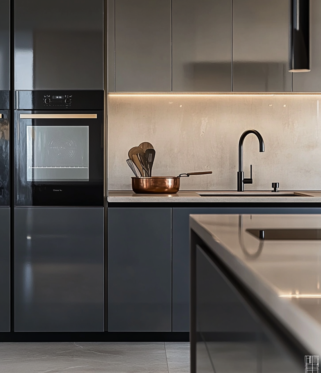 Elegant Purple and Marble Kitchen with Gold Accents and Fluted Detailing | Material Depot