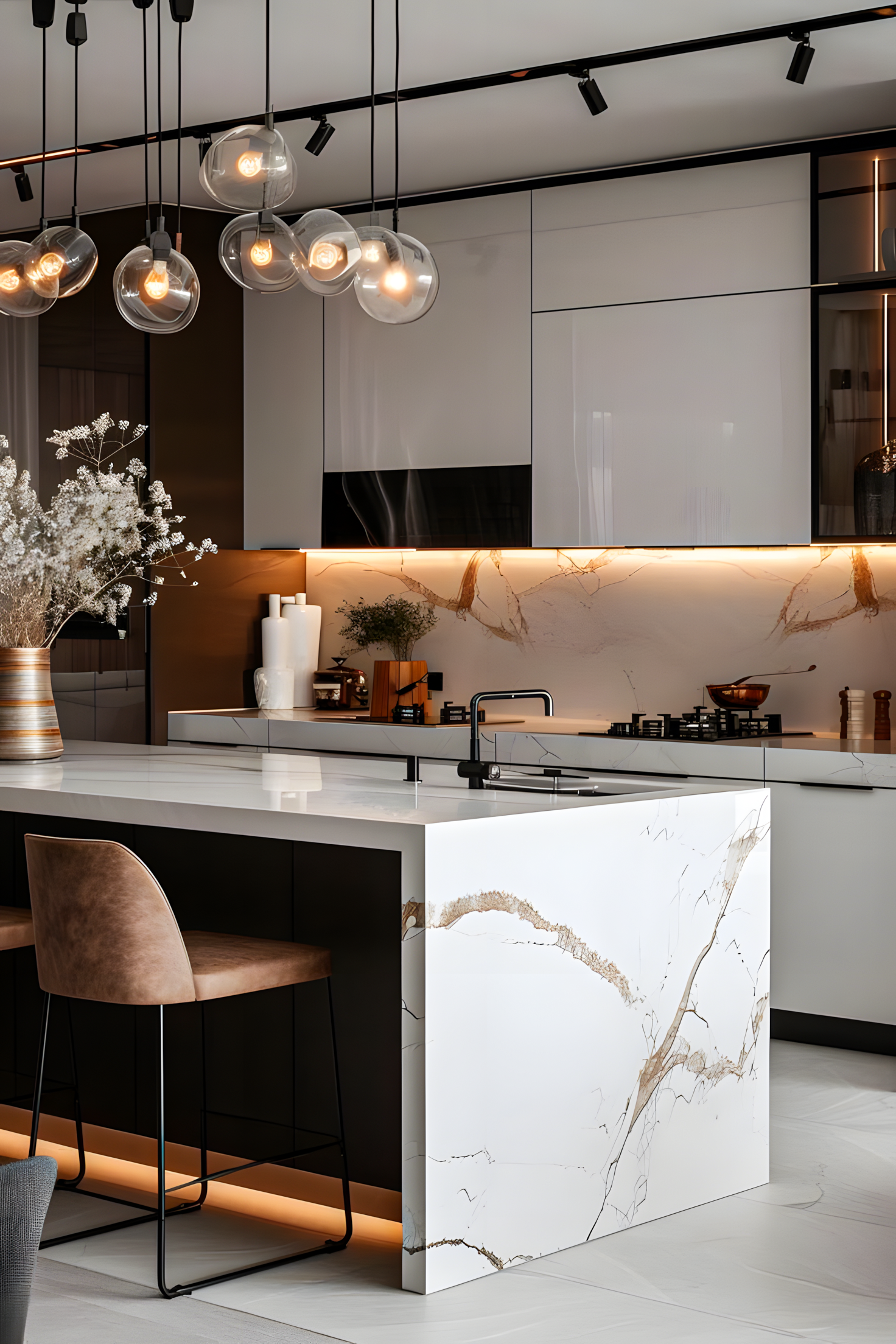 Sleek Modern Kitchen with Marble Island and Pendant Lights | Material Depot