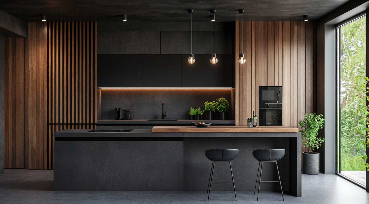 Sleek Modern Kitchen with Natural Wood Accents and Panoramic Window | Material Depot