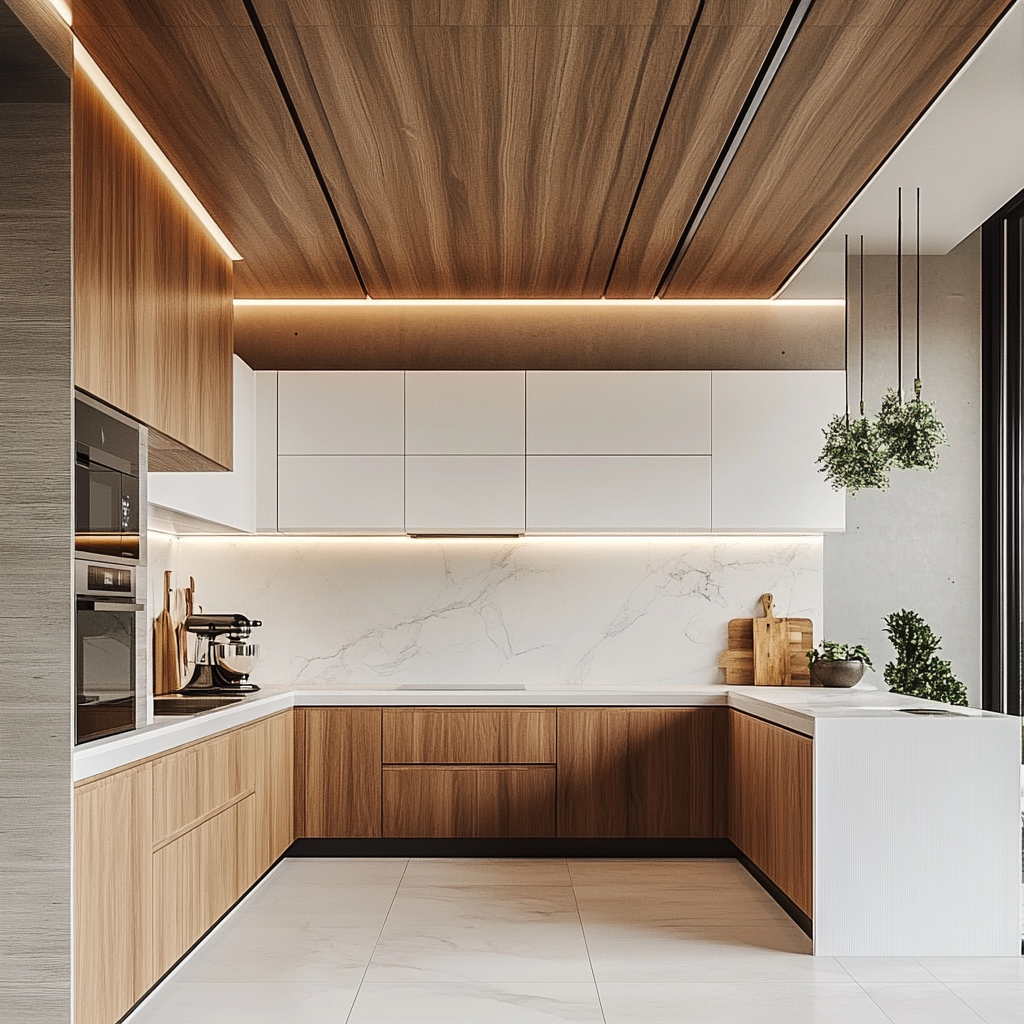 Sleek Modern Kitchen with Wood Accents and Marble Elegance | Material Depot