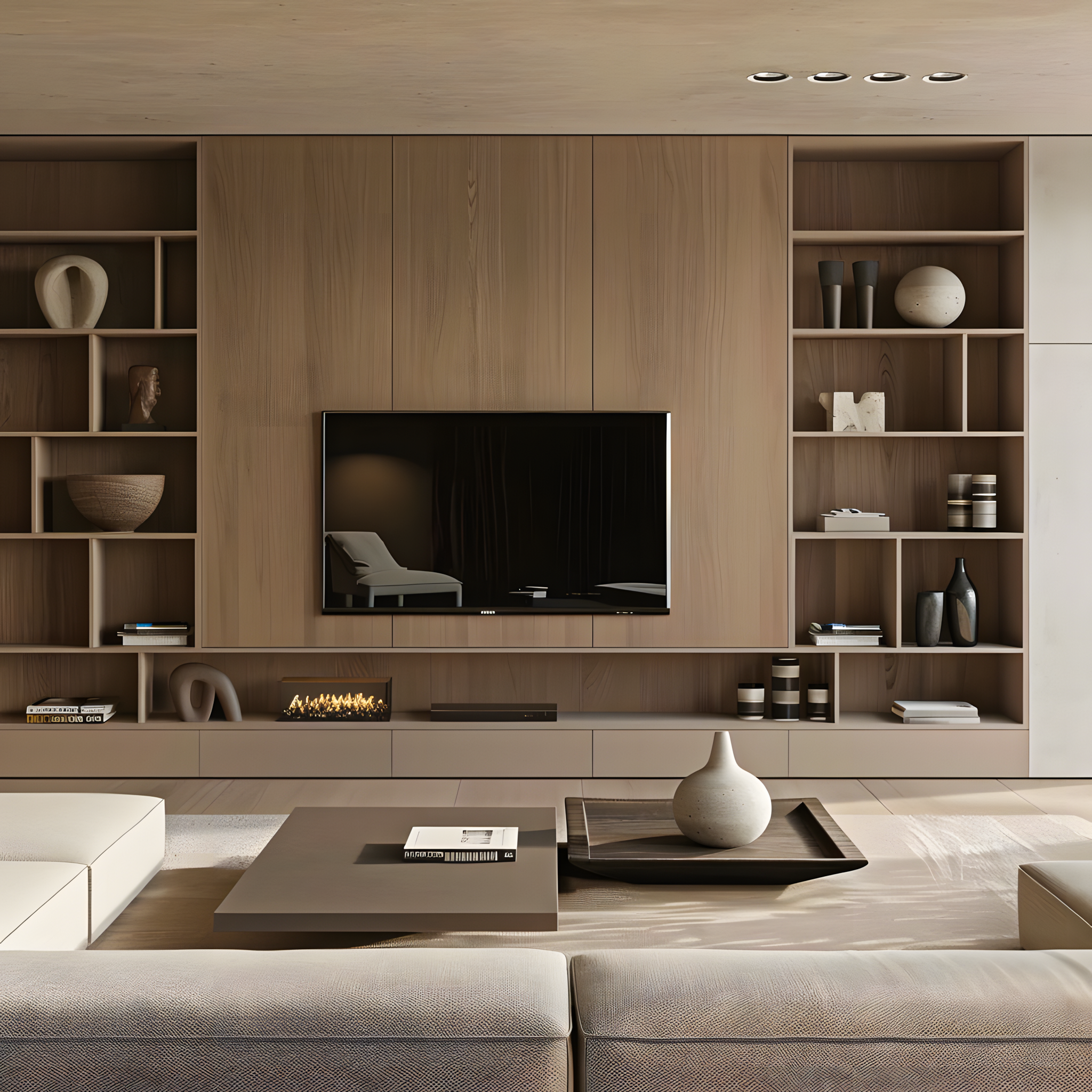 Sleek Modern TV Unit with Wood-Paneled TV Wall | Material Depot